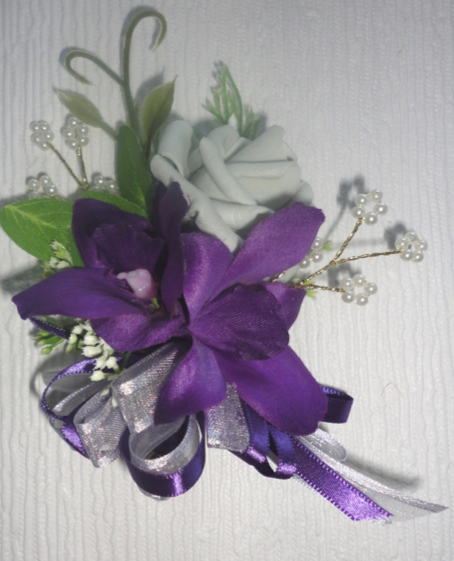 Plum Orchid & Light Grey Rose Corsage